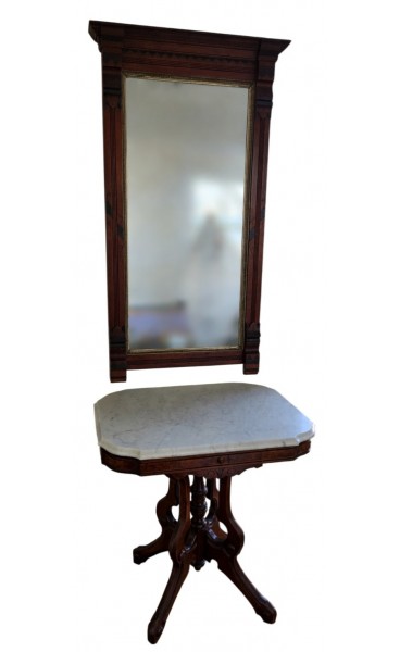 Antique Eastlake Carved Walnut Pier Mirror & Table - Set