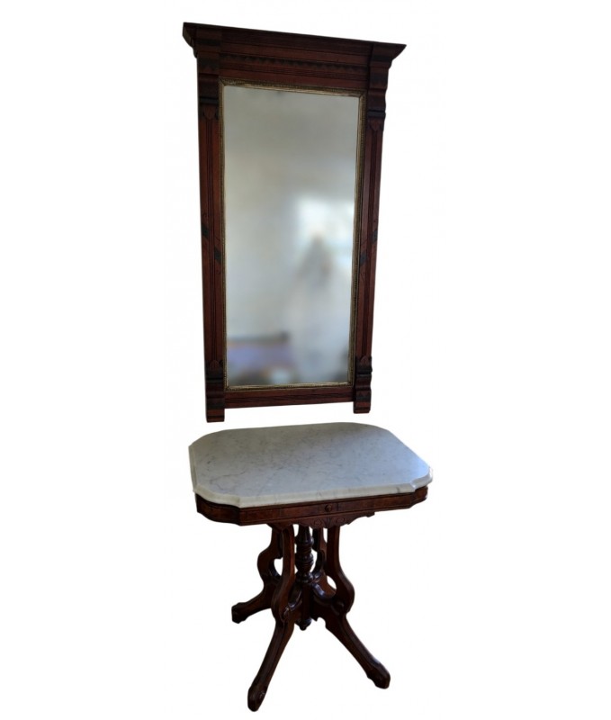 Antique Eastlake Carved Walnut Pier Mirror & Table - Set