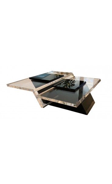 1970s Mid-Century Modernist Black & Clear Lucite Two-Level Rectilinear Cocktail Table