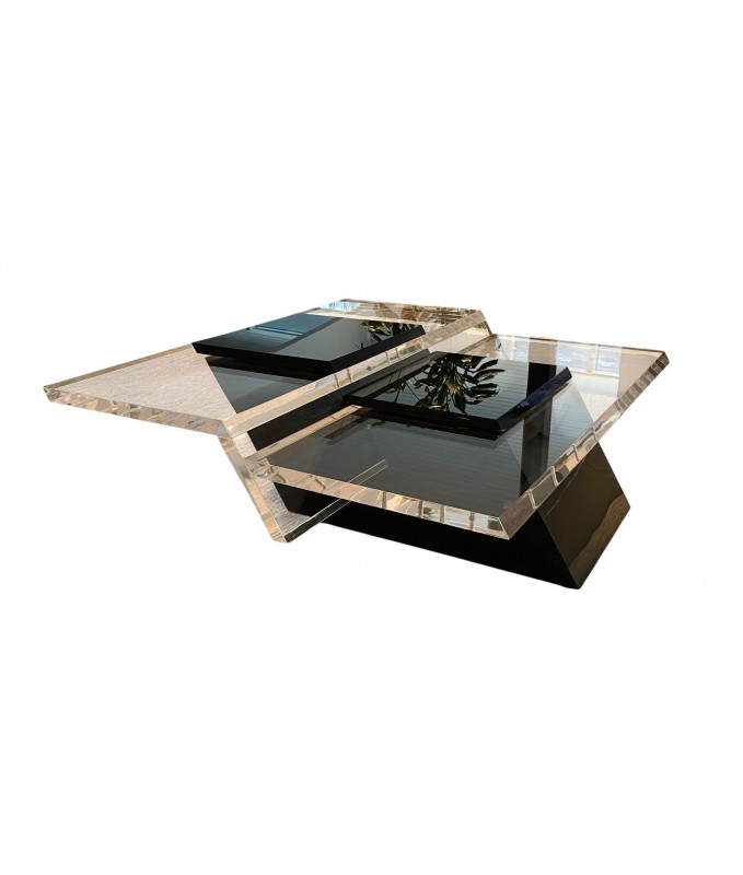 1970s Mid-Century Modernist Black & Clear Lucite Two-Level Rectilinear Cocktail Table